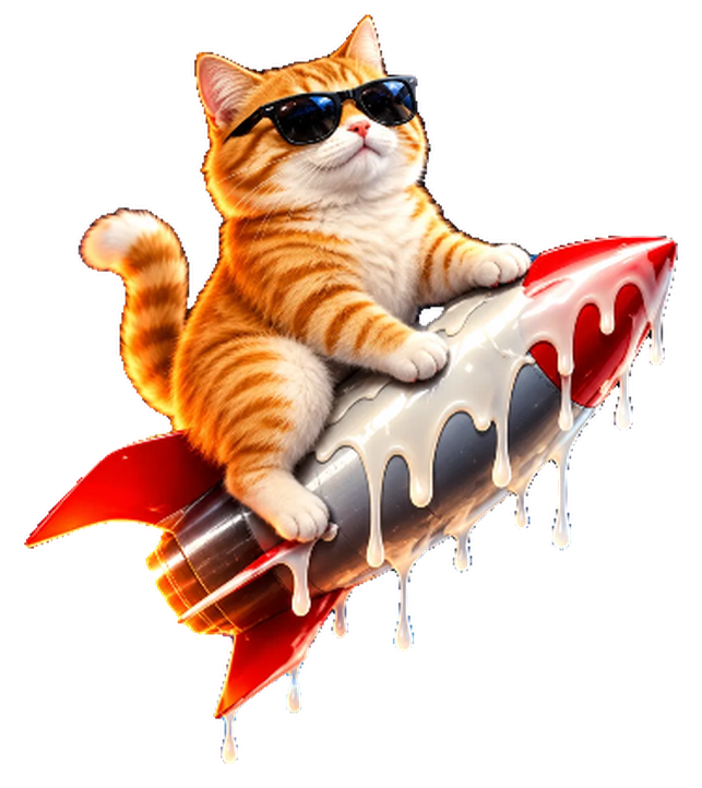 Orange tabby cat in black sunglasses riding a dripping silver and red rocket