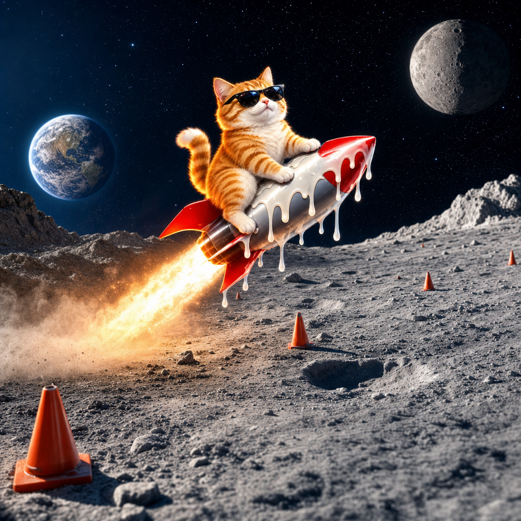 The cat on its dripping rocket skimming the grey lunar surface past traffic cones, Earth and moon in the sky